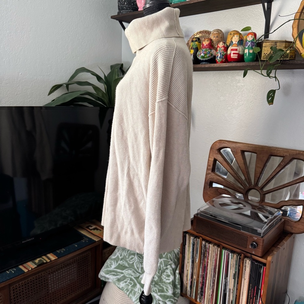 Free People Oversized Ribbed Knit Cream Turtleneck Sweater - Picture 4 of 7